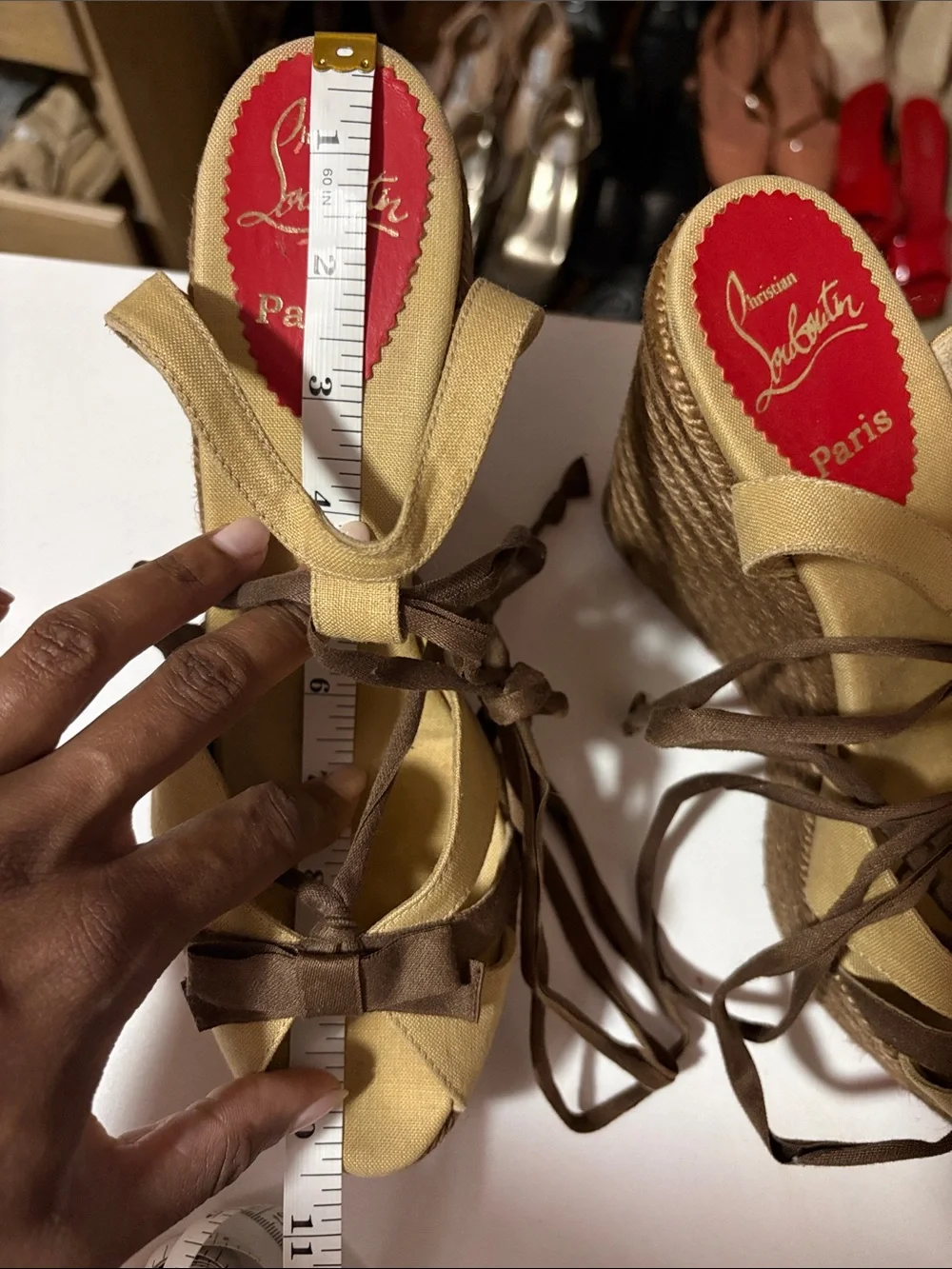 Christian Louboutin Beige and Brown Canvas Espadrille Wedge Sandals